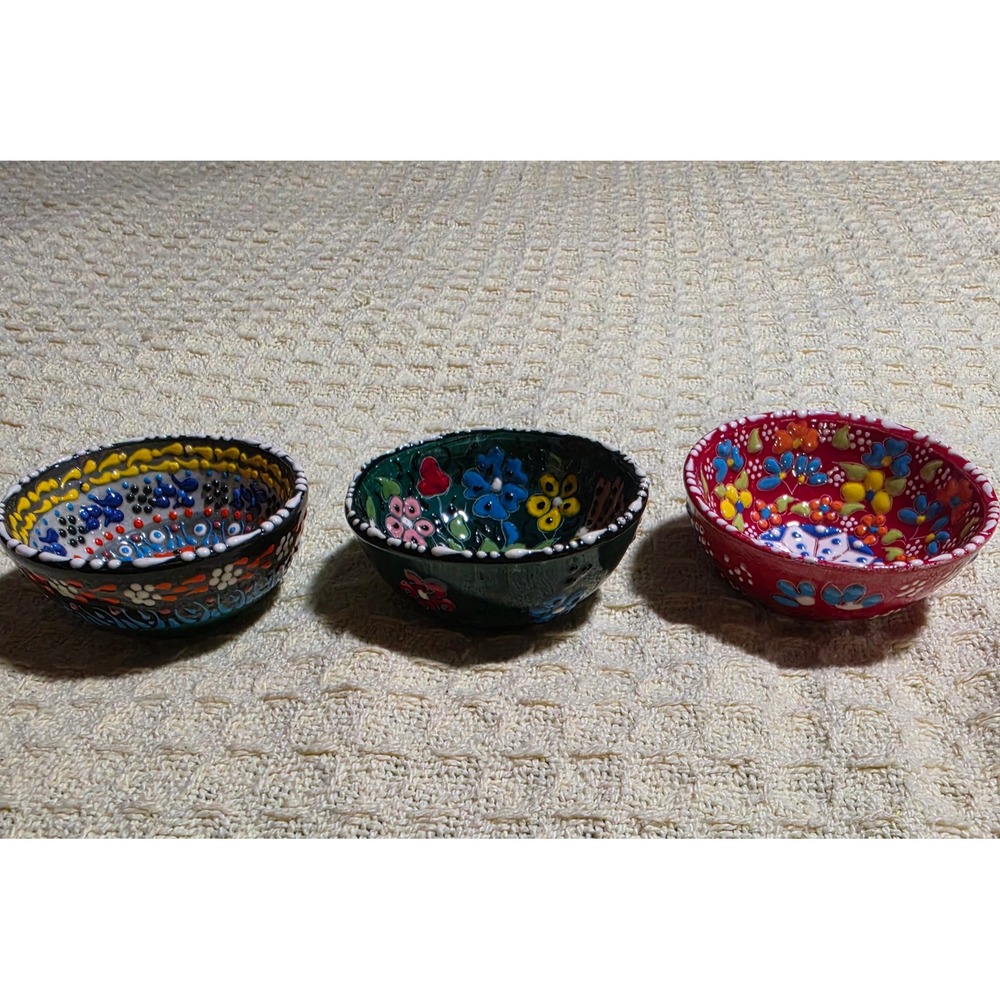Naito Tulay Turkish Ceramic Bowls Set of 3 Hand Painted Floral Iznik Pottery